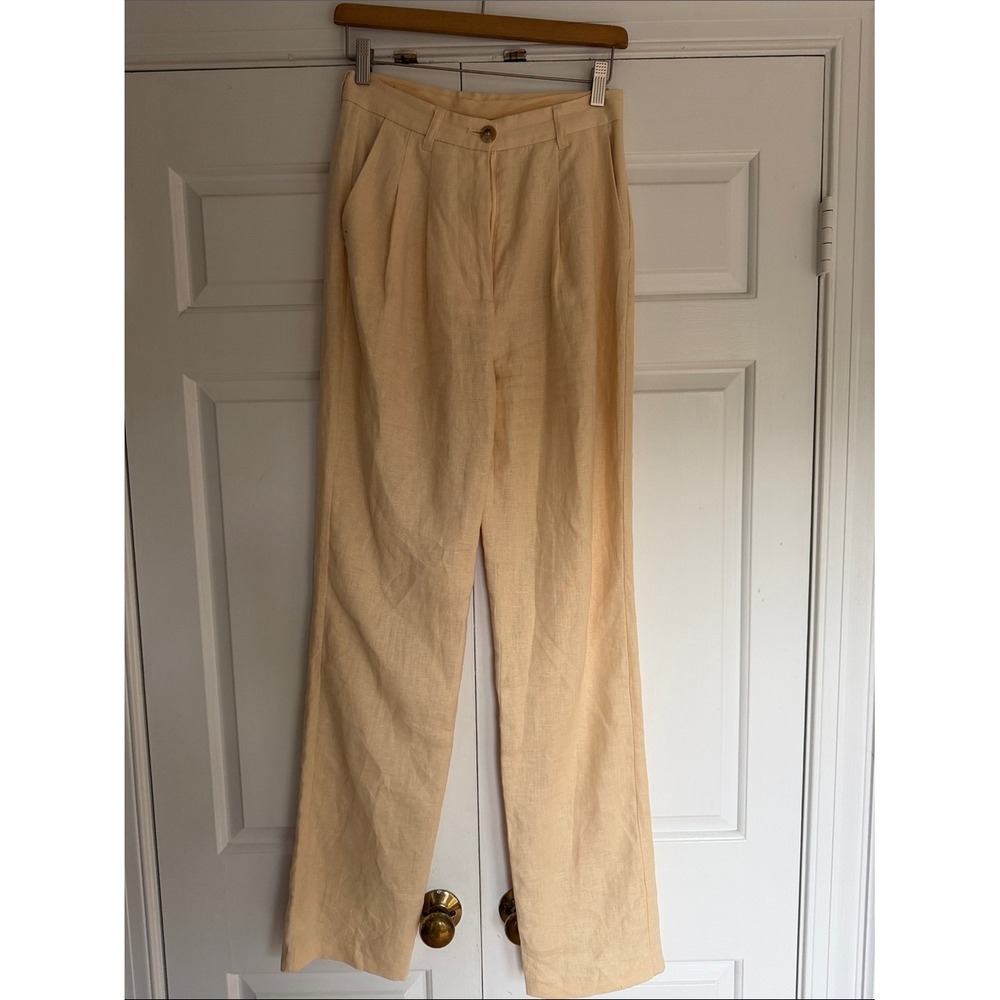 Anine Bing Pale Yellow Pleated 100% Linen Straight Leg Trousers Size 34 EU‎ US 2